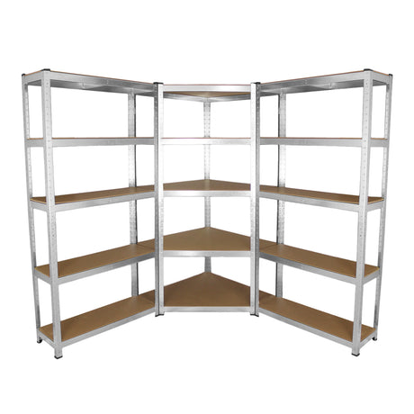 Eckregal aus robustem Metall mit 90 cm Höhe, verfügt über fünf stabile Regalböden in Holzoptik, ideal für Lagerung und Organisation