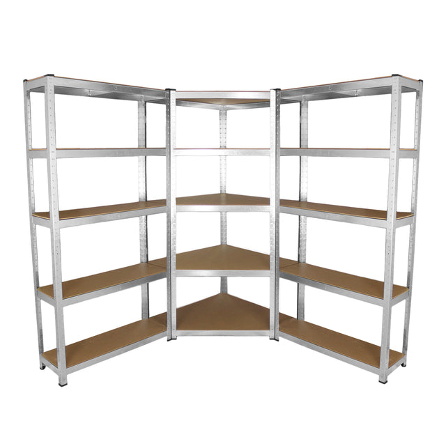 Eckregal aus robustem Metall mit 90 cm Höhe, verfügt über fünf stabile Regalböden in Holzoptik, ideal für Lagerung und Organisation