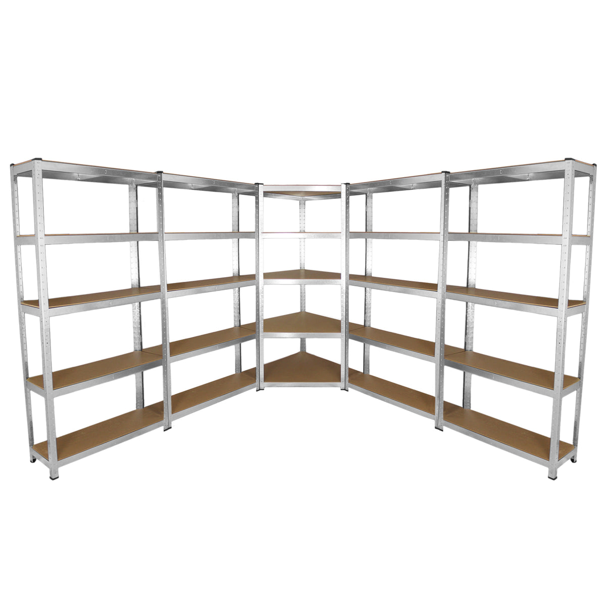Eckregal und vier Werkstattregale aus robustem Metall mit stabilen, braunen Holzregalen, ideal für Lagerung und Organisation in Werkstätten oder Garagen