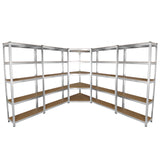 Eckregal und vier Werkstattregale aus robustem Metall mit stabilen, braunen Holzregalen, ideal für Lagerung und Organisation in Werkstätten oder Garagen