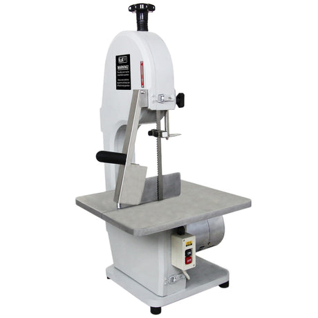 Elektrische Knochensäge mit robustem Edelstahltisch, grauer Oberfläche, verstellbarem Sägeblatt und ergonomischem Griff für präzise Schnitte