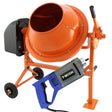 Zementmischer in leuchtendem Orange mit schwarzem Motor und Handbetonrüttler in Blau, ideal für Bauprojekte und Betonarbeiten