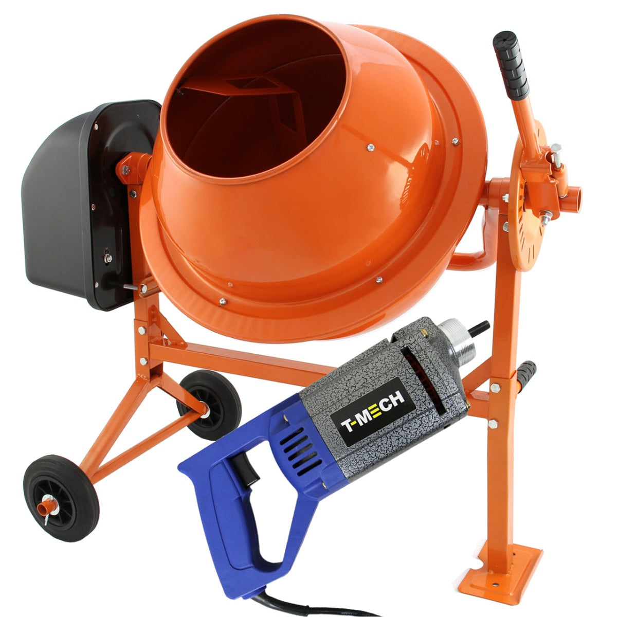 Zementmischer in leuchtendem Orange mit schwarzem Motor und Handbetonrüttler in Blau, ideal für Bauprojekte und Betonarbeiten