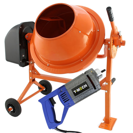 Zementmischer in leuchtendem Orange mit schwarzem Motor und Handbetonrüttler in Blau, ideal für Bauprojekte und Betonarbeiten