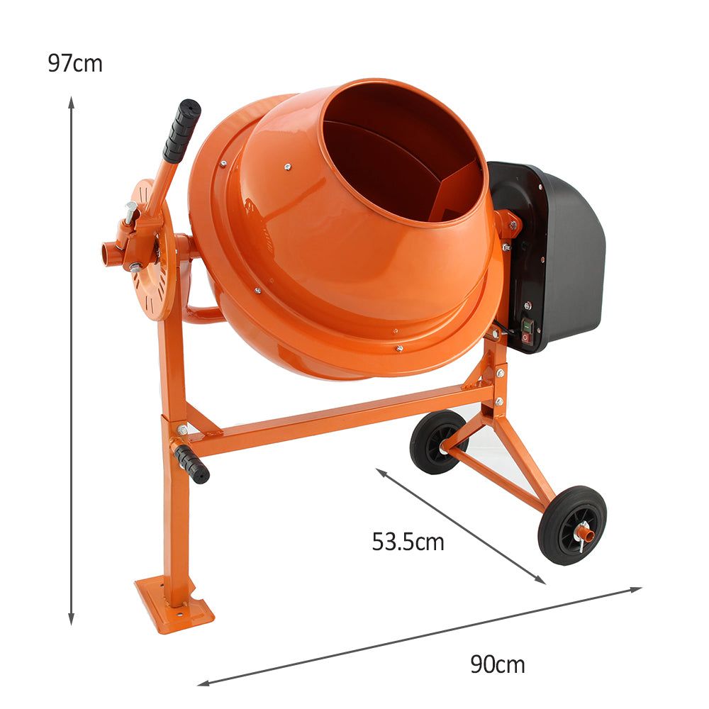 Zementmischer in leuchtendem Orange mit robustem Stahlrahmen, 2 Meter Schaft, ideal für Bauprojekte, mobil auf zwei Rädern
