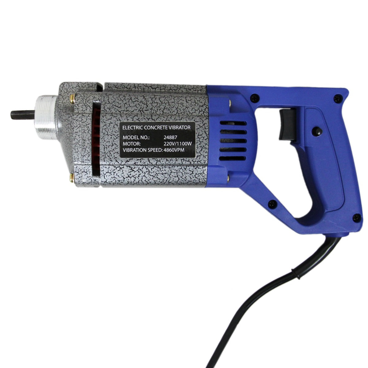 Handbetonrüttler mit blauem Griff, grauem Gehäuse und 2 Meter langem Schaft, ideal für die Verdichtung von Beton in Bauprojekten