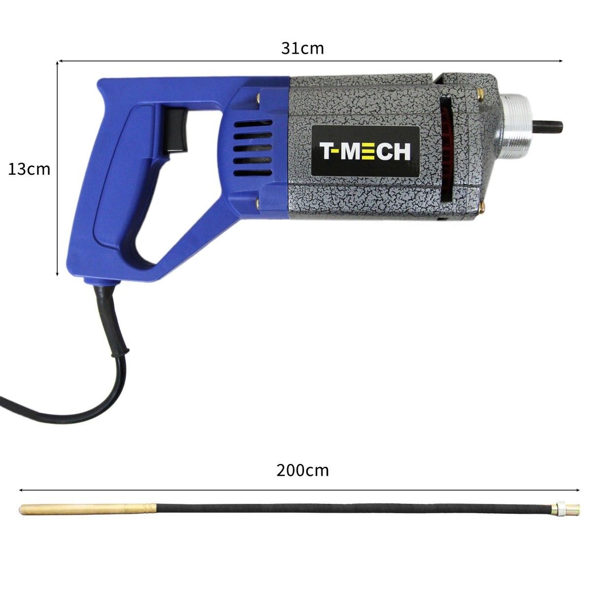 Zementmischer mit grauem Gehäuse und blauer Griff, ausgestattet mit einem 2 Meter langen, flexiblen Handbetonrüttler für effizientes Mischen