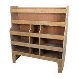 Holzregal mit mehreren offenen Fächern in natürlichem Finish, ideal für die Organisation von Werkzeugen und Ausrüstung im Ford Transit Custom