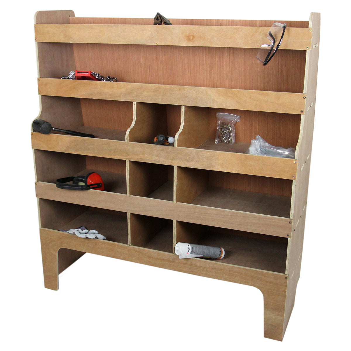 Holzregal mit mehreren Fächern, ideal für die Fahrzeugeinrichtung im Ford Transit Custom, in natürlichem Holzton, stabil und funktional, mit Werkzeugen und Zubehör sichtbar