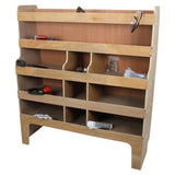 Holzregal mit mehreren Fächern und Ablagen, ideal für die Fahrzeugeinrichtung im Ford Transit Custom, in natürlichem Holzton und stabiler Bauweise
