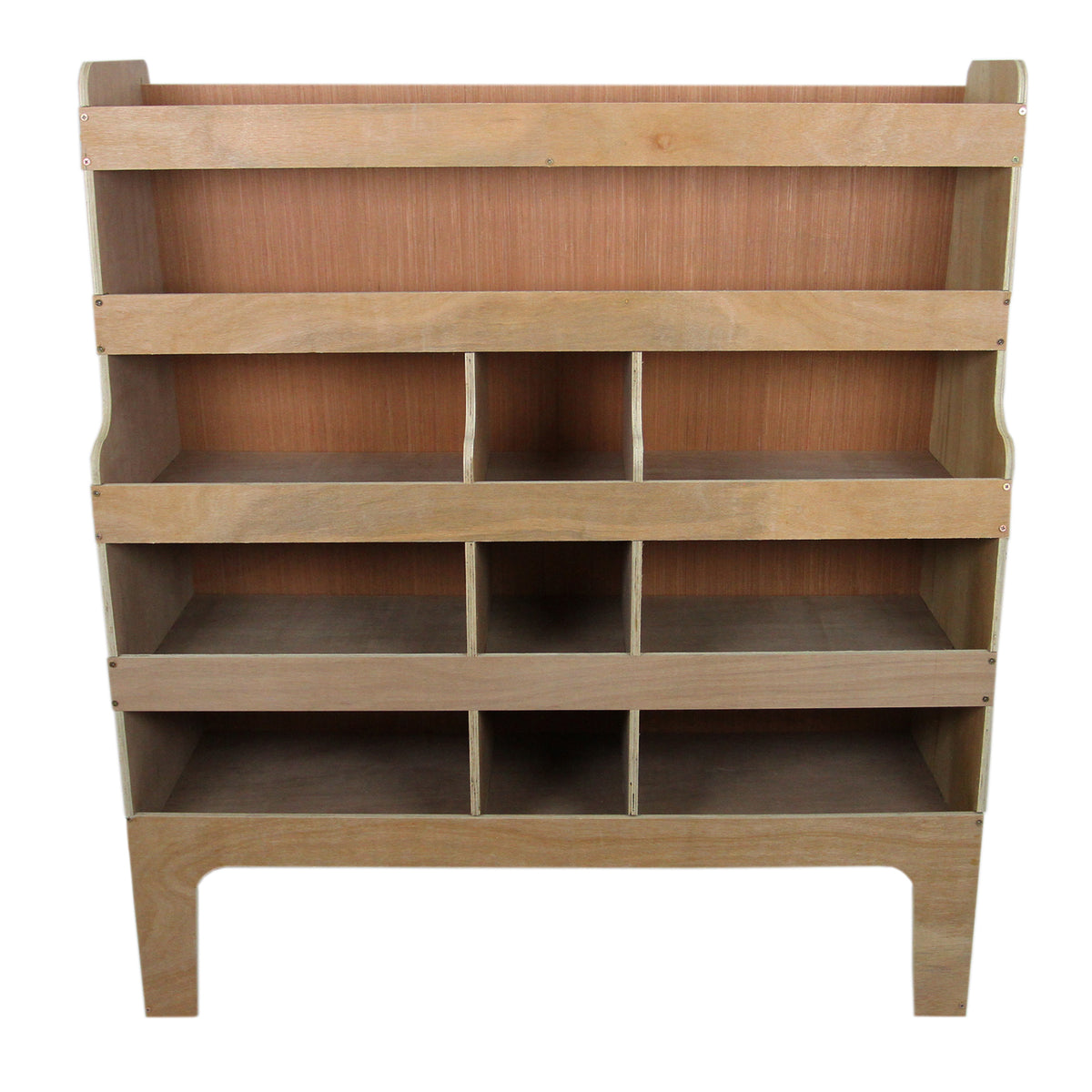 Holzregal mit fünf offenen Fächern in natürlichem Holzton, ideal für die Fahrzeugeinrichtung im Ford Transit Custom SWB & LWB