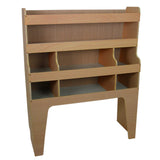 Holzregal in hellem Beige mit mehreren Fächern und offenen Ablagen, ideal für die Organisation von Werkzeugen und Fahrzeugzubehör im Ford Transit Custom