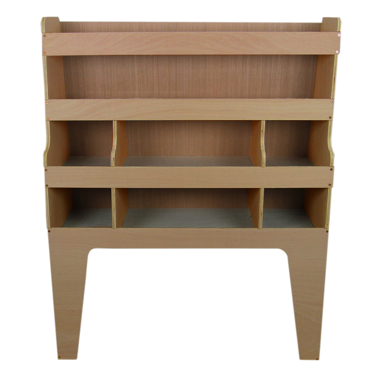Holzregal mit vier offenen Fächern, helles, glattes Finish und abgerundete Kanten, ideal für die Organisation im Ford Transit Custom SWB und LWB