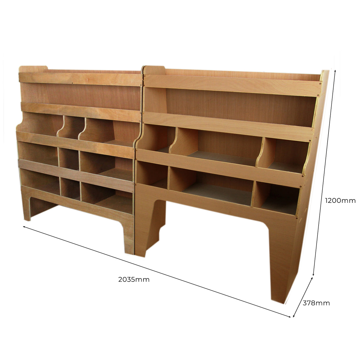 Holzregal für Ford Transit Custom, in hellem Holz mit mehreren Fächern, ideal für die Fahrzeugeinrichtung, Maße: 2035mm x 1200mm x 378mm