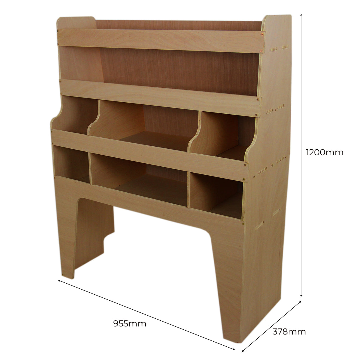 Holzregal aus hellem, glattem Material mit mehreren Fächern, ideal für die Organisation von Werkzeugen im Ford Transit Custom SWB & LWB