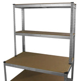 Stabiles Galwix Lagerregal aus Stahl mit drei robusten, braunen Holzregalen, ideal für Garage oder Werkstatt, Maße 150cm x 75cm x 30cm