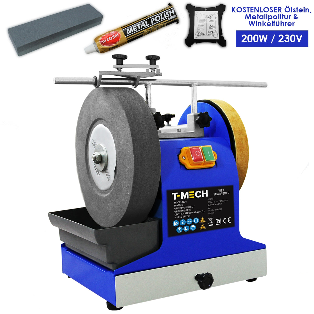 T-Mech Nass-Schleifer in Blau mit grauem Schleifstein, Metallpolitur und Winkelhalter, ideal für präzises Schleifen und Polieren von Werkzeugen