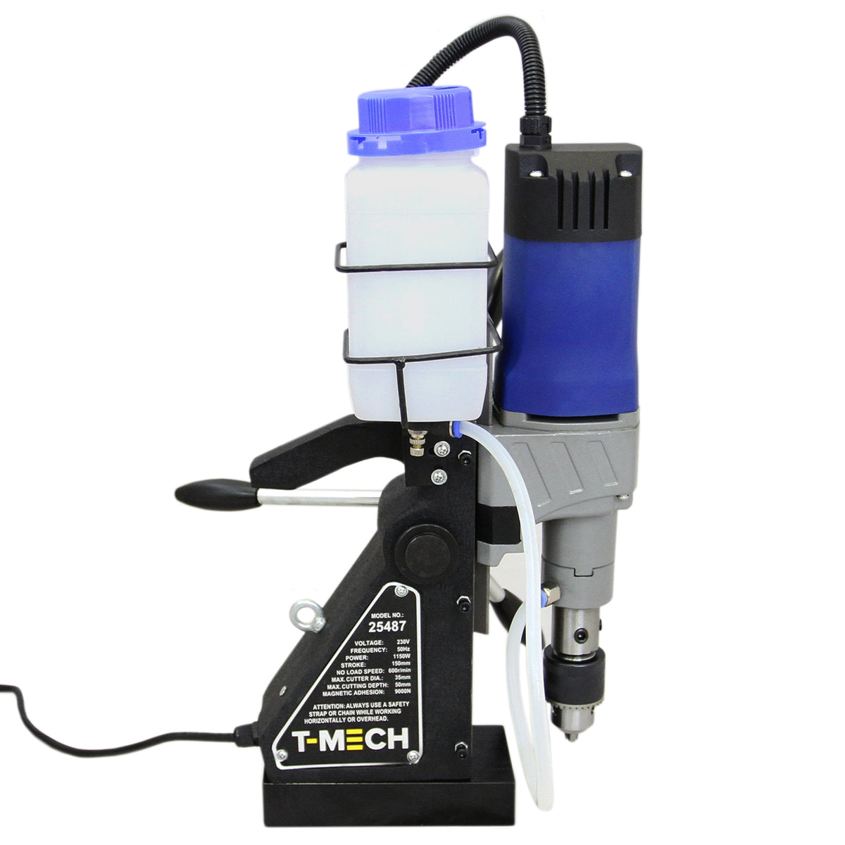 Magnetische T-Mech Bohrpresse mit blauem Motor, transparentem Wassertank und robustem schwarzen Standfuß, ideal für präzises Bohren in Metall