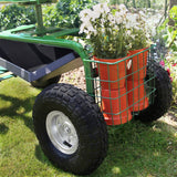 Fahrbarer Gartensitz in Grün mit robusten Gummireifen, ausgestattet mit einem Korb für Blumentöpfe und einem Werkzeugfach für Gartenbedarf