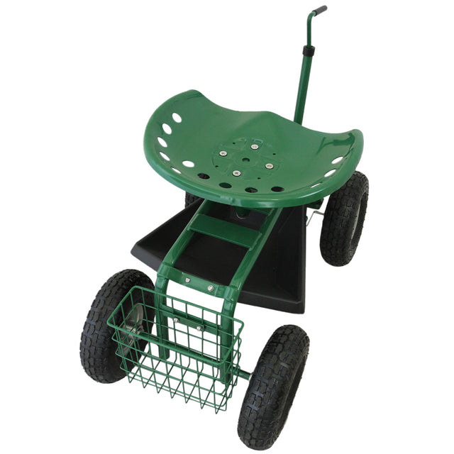 Fahrbarer Gartensitz in Grün mit ergonomischer Sitzfläche, robusten Gummireifen und praktischem Werkzeugfach sowie Korb für Gartenutensilien