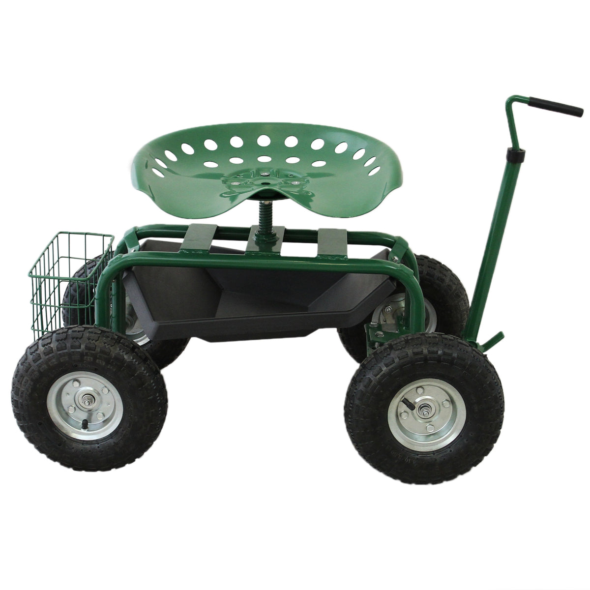 Fahrbarer Gartensitz in Grün mit einem runden, perforierten Sitz, robusten Gummireifen und einem praktischen Werkzeugfach sowie Korb für Gartenbedarf