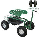 Fahrbarer Gartensitz in Grün mit runder Sitzfläche, robusten Gummireifen, Werkzeugfach und Korb für Gartenutensilien, ideal für komfortables Arbeiten im Freien