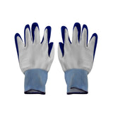 Robuste Arbeitshandschuhe mit grauem Stoff und blauen Gummi-Elementen an den Fingerspitzen, ideal für Malerarbeiten und Schutz beim Sprühen