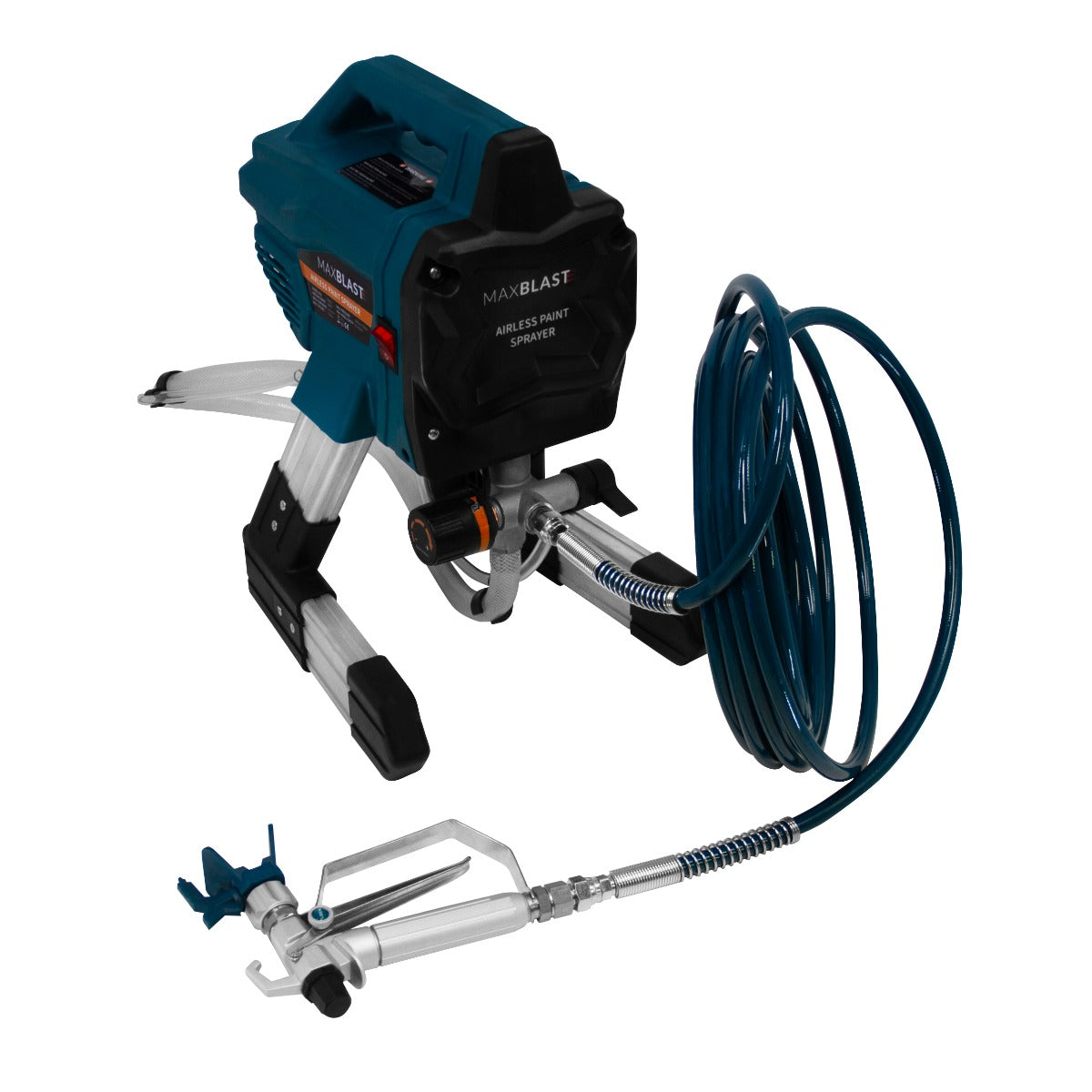 Maxblast Airless Farbsprühgerät in Blau mit silbernem Schlauch und Spritzpistole, ideal für gleichmäßige Farbaufträge und präzise Anwendungen