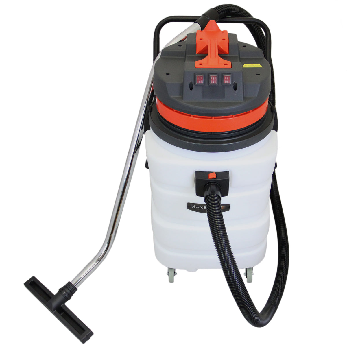 Industriesauger Maxblast 90L in Weiß mit schwarzem Schlauch und orangefarbenem Deckel, robustes Design für effiziente Reinigung