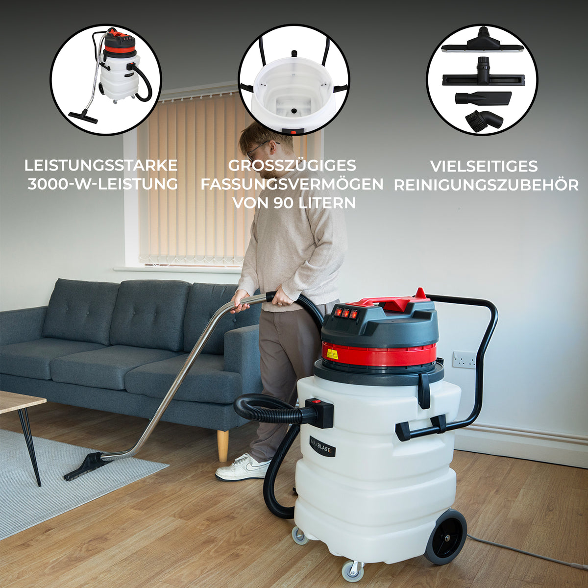 Maxblast 90L Industriesauger in Weiß mit rotem Deckel, 3000W Leistung, vielseitigem Zubehör und großem 90-Liter-Fassungsvermögen