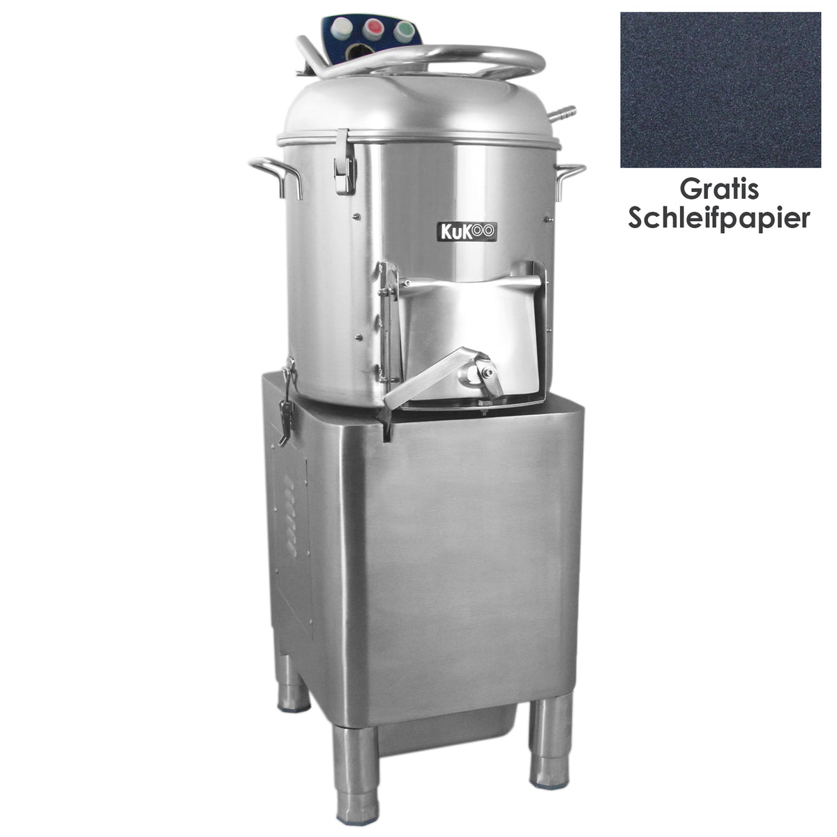 Kommerzielle Kartoffelschälmaschine von KuKoo aus Edelstahl, glänzende Oberfläche, ergonomischer Griff, mit gratis Schleifpapier im Hintergrund