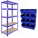 Blauer T-RAX Regalsystem mit 90 cm Höhe und 12 stabilen Lagerkästen, ideal für die Aufbewahrung von Werkzeug und Kleinteilen in Werkstätten