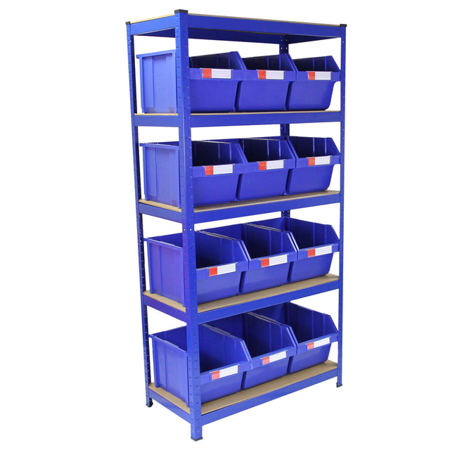 Blauer T-RAX Regal mit 12 Lagerkästen, stabiler Metallrahmen, fünf Regalböden, ideal zur Aufbewahrung und Organisation von Werkzeugen und Materialien