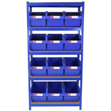 Blauer T-RAX Regal mit 12 Lagerkästen, stabiler Metallrahmen, vier Regalböden, ideal zur Aufbewahrung und Organisation von Werkzeugen und Zubehör