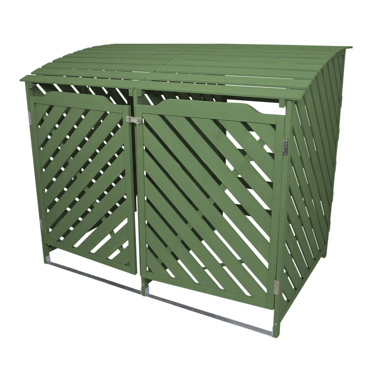 Mülltonnenbox aus salbeigrünem Holz mit schrägem Dach, zwei Türen im diagonalen Design, ideal für die Aufbewahrung von Mülltonnen im Garten