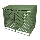 Mülltonnenbox aus salbeigrünem Holz mit schrägem Dach, zwei Türen im diagonalen Design, ideal für die Aufbewahrung von Mülltonnen im Garten