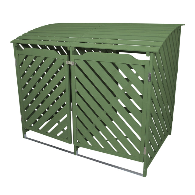 Mülltonnenbox aus salbeigrünem Holz mit schrägem Dach, zwei Türen im diagonalen Design, ideal für die Aufbewahrung von Mülltonnen im Garten