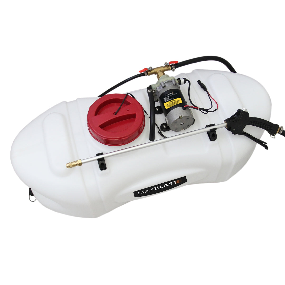 Weißer 60L Sprühgerät mit rotem Deckel, Pumpe und Spritzlanze, ideal für die Anwendung von Düngemitteln auf Quads und ATVs