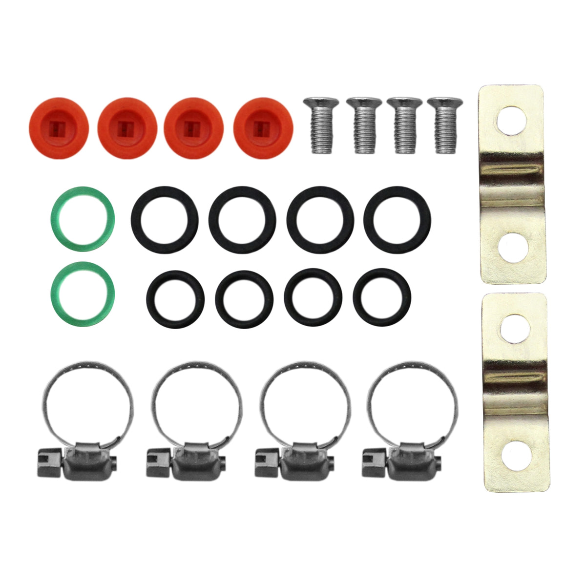 Verschiedene Ersatzteile für ATV Quad Sprühgerät, einschließlich Dichtungen, Schrauben und Halterungen in rot, grün und schwarz, ideal für Wartung und Reparatur