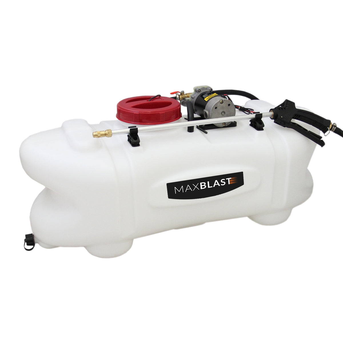 Weißer 100L Sprühtank für ATV mit rotem Deckel, Pumpe und Schläuchen, ideal für Düngemittel- und Pflanzenschutzmittelanwendungen