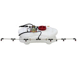 Weißer 100L Sprühtank mit rotem Deckel, Metallrohr und mehreren Sprühdüsen, ideal für ATV-Düngersprüher und landwirtschaftliche Anwendungen