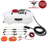 Weißer 60L Sprühgerät mit rotem Deckel, Pumpe, Sprühstangen und Zubehör, ideal für die Anwendung von Düngemitteln auf ATV