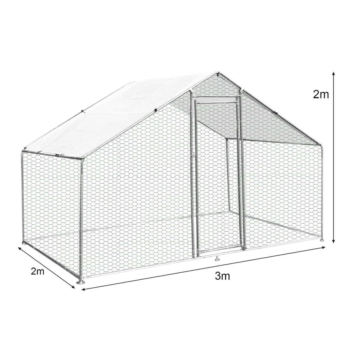 Hühnerfreilauf aus verzinktem Stahl mit einem stabilen, sechseckigen Maschendraht, weißem Dach und großzügigen Abmessungen von 3m x 2m x 1,8m