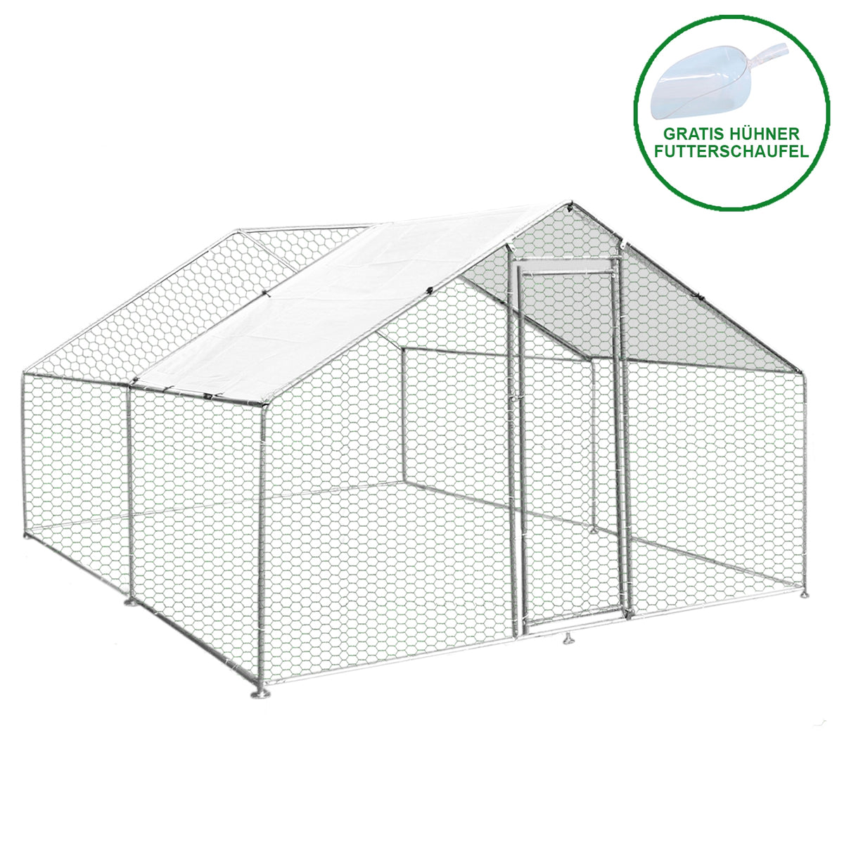 Hühnerfreilaufgehege in rechteckiger Form, 3m x 4m x 1,8m, aus verzinktem Draht mit weißem Dach und einer Tür, ideal für die artgerechte Haltung von Hühnern