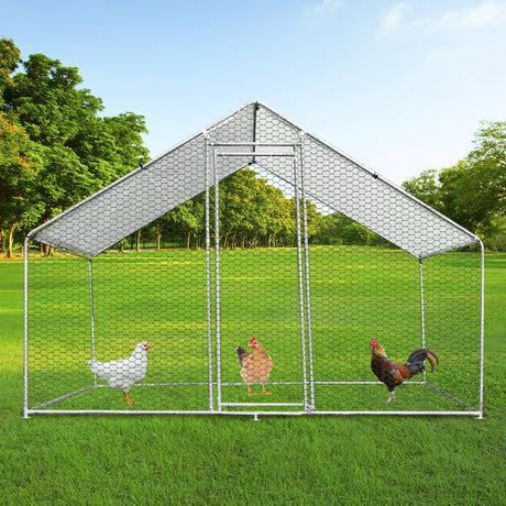 Hühnerfreilauf aus verzinktem Stahl, 4m x 2m x 2m, mit einem stabilen, gitterartigen Design, umgeben von grünem Gras und Bäumen, ideal für Hühnerhaltung