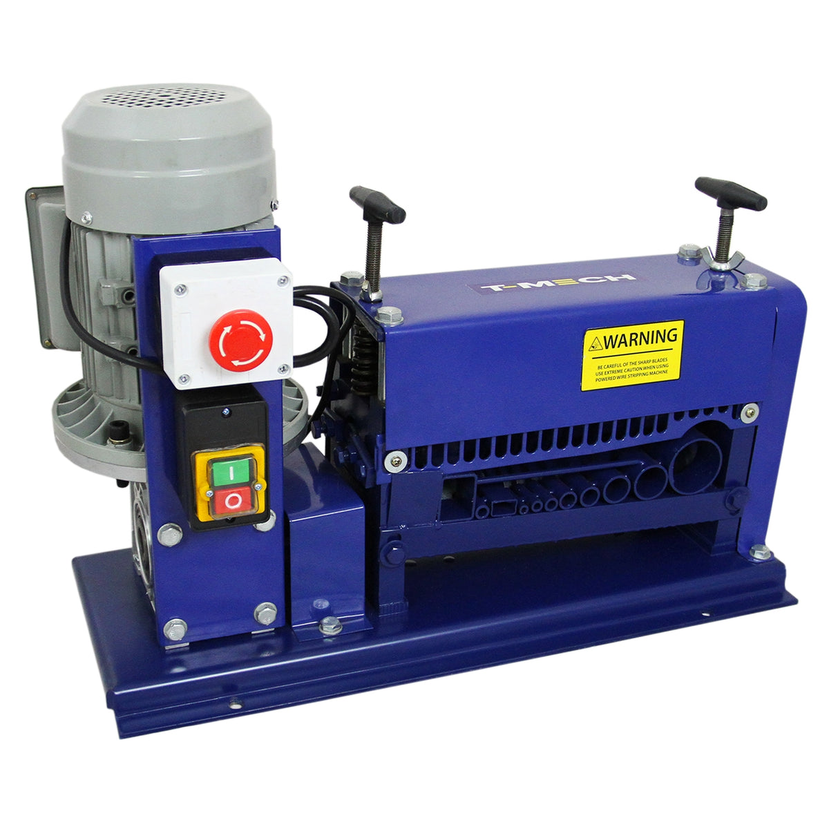 Automatische Abisolierzange von T-Mech in Blau mit grauem Motor, robustem Gehäuse und Bedienfeld für präzises Abisolieren von Kabeln