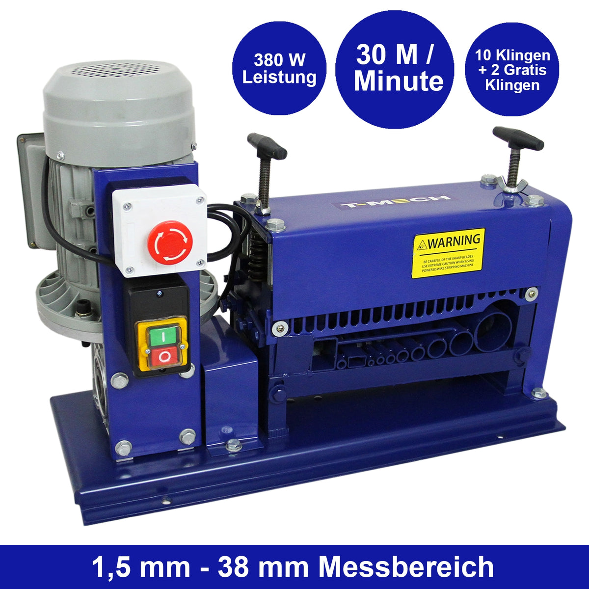 Automatische Abisolierzange in Blau mit 380 W, 30 m/min, robustem Gehäuse, zwei Handgriffen und klaren Bedienelementen für präzises Arbeiten
