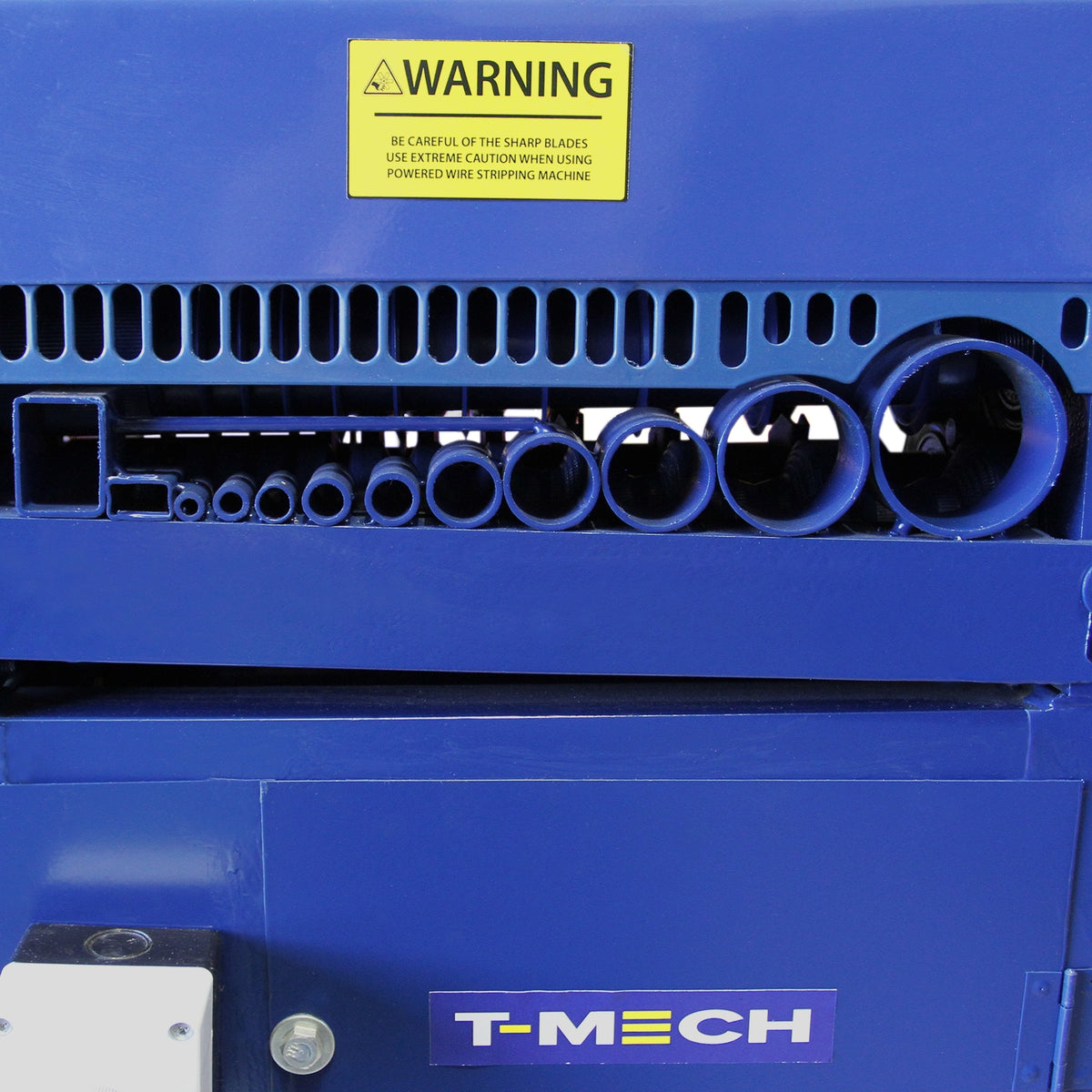 Automatische Abisolierzange in Blau mit verschiedenen Öffnungen für Kabel, robustes Design und Warnhinweis für Sicherheit