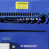 Automatische Abisolierzange in Blau mit verschiedenen Öffnungen für Kabel, robustes Design und Warnhinweis für Sicherheit