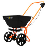 Schwarzer Saatgutstreuwagen mit orangefarbenem Gestell, großen Rädern und einem ergonomischen Griff für einfaches Streuen von Saatgut und Dünger